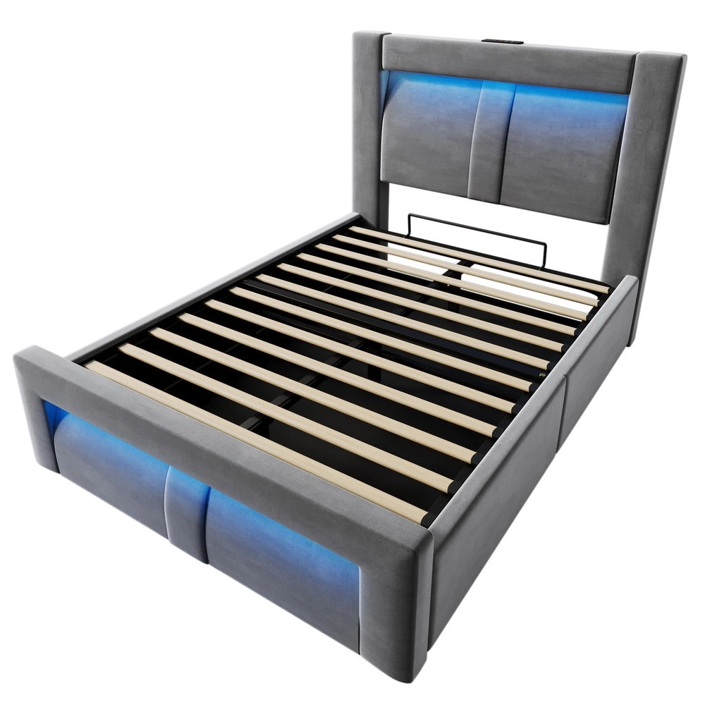 Letto Singolo Contenitore 90x200 ¨C MINIMAL ¨C Grigio Velluto, LED, USB, Testiera Curva, Idraulico