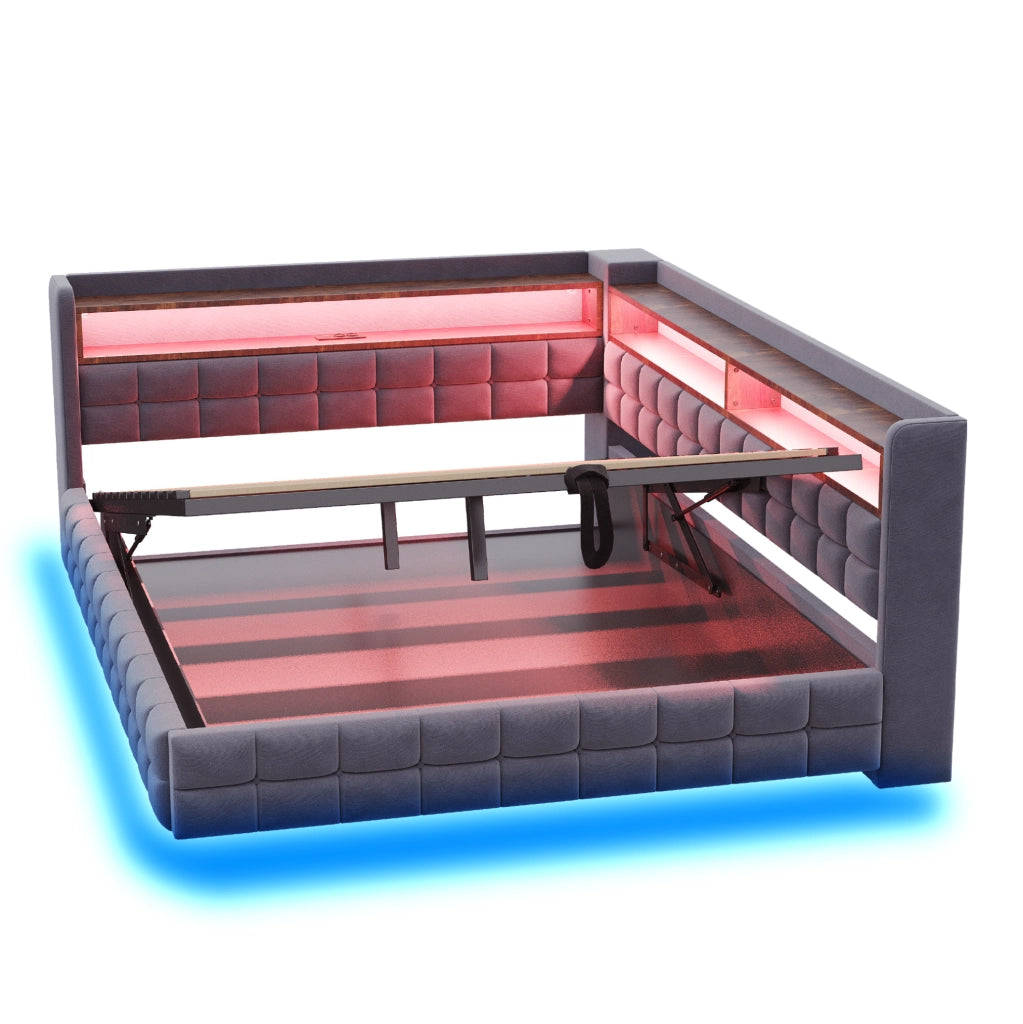 Divano letto imbottito 140x200 cm con LED e vano contenitore