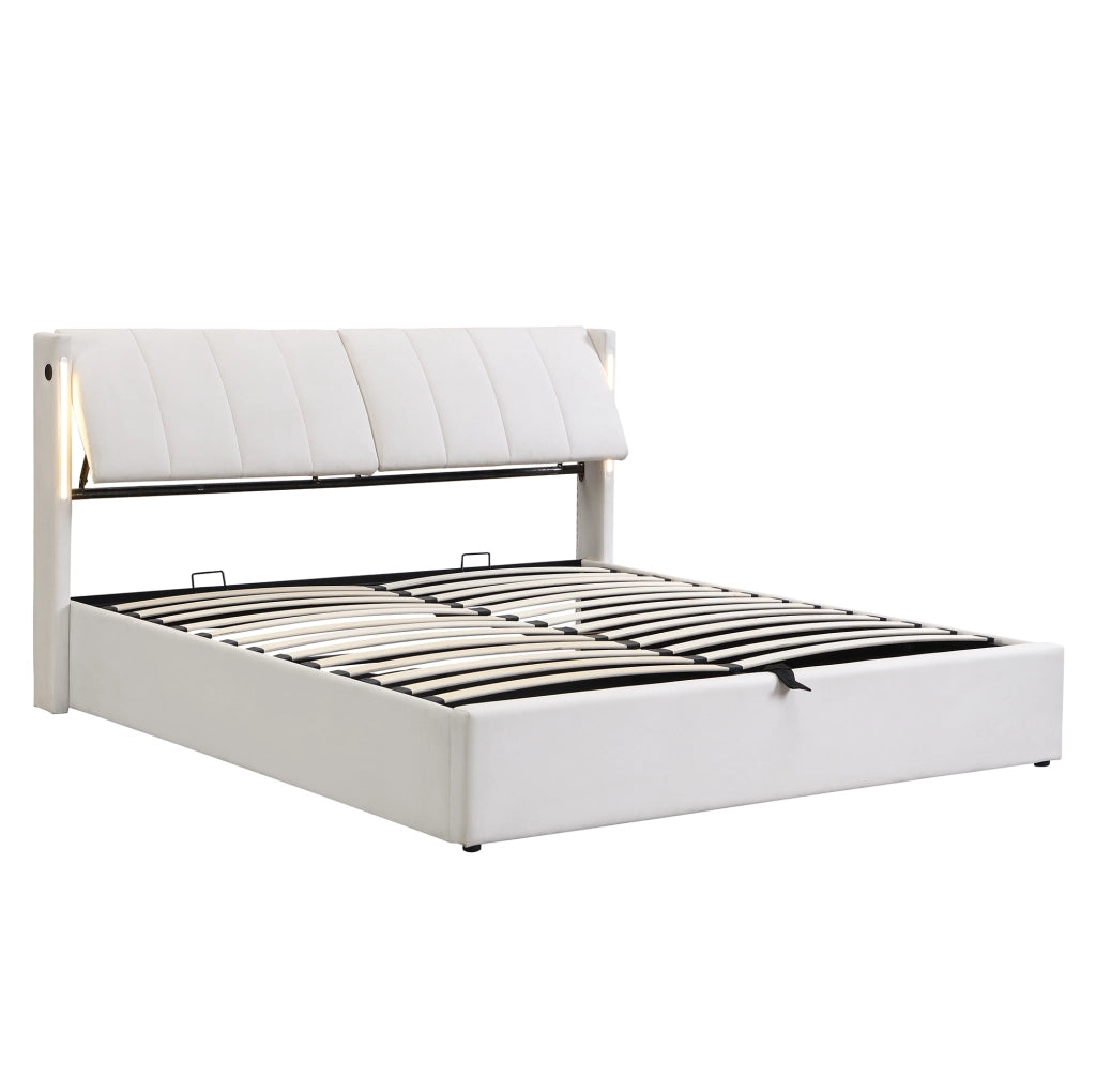 Letto matrimoniale 160x200 cm imbottito con LED; USB ricaricabile; contenitore e testiera regolabile; bianco