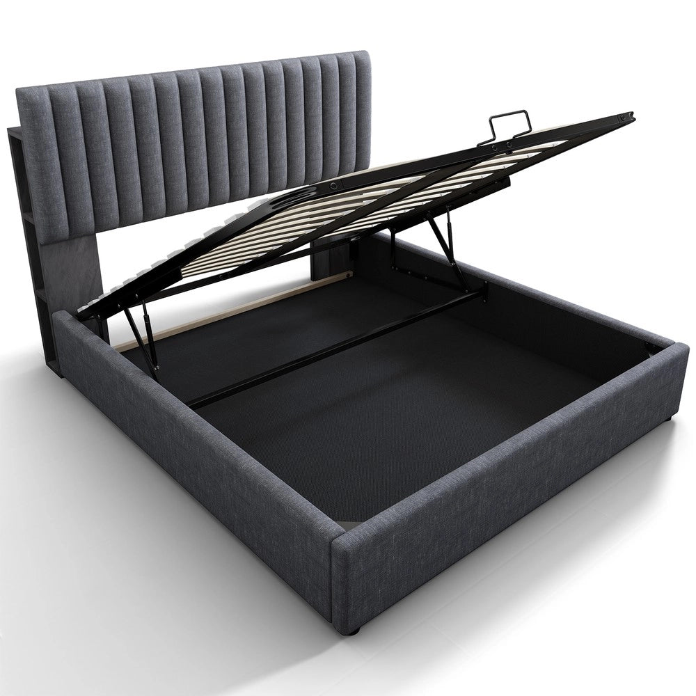 Letto Imbottito Contenitore con LED e USB ¨C MINIMAL ¨C Grigio Velluto 160x200 con Materasso, Rete a Doghe in Legno