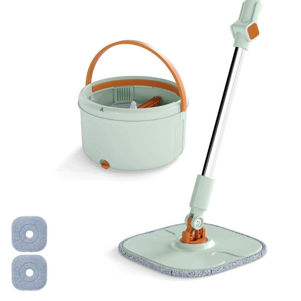 Sistema con mocio piatto e secchio con 2 panni in microfibra lavabili, Sistema di pulizia per pavimenti bagnati e asciutti Verde-Strumenti pulizia