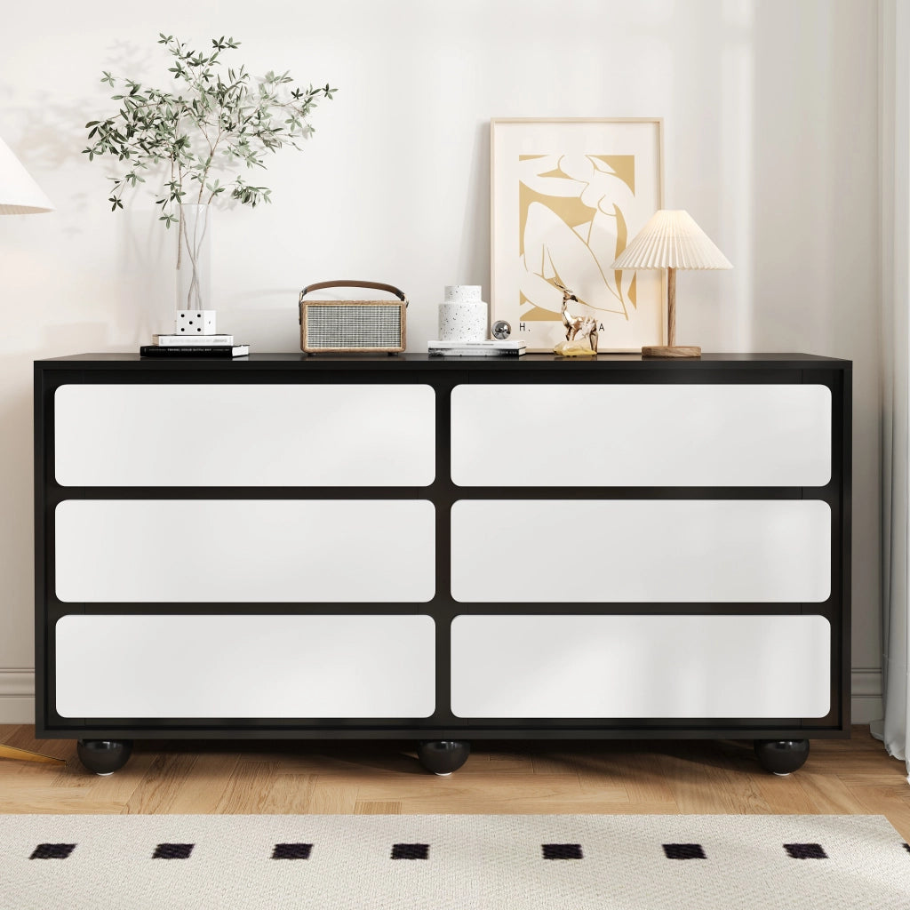 Credenza Cassettiera con 6 Cassetti; Angoli Arrotondati; Piedini in Metallo; Stile Moderno; in Pannello Truciolare; 140??38??74;5 cm; Bianco Nero