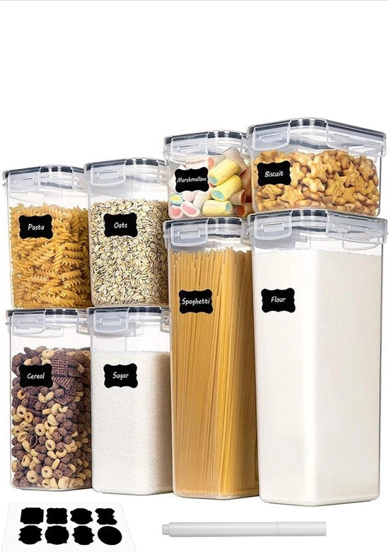 Set di conservazione 8 pezzi, Scatola di conservazione, Cucina, ermetico, Plastica con coperchio, Set di contenitori per la conservazione di pasta, muesli, riso, farina e per l'alimentazione degli animali domestici