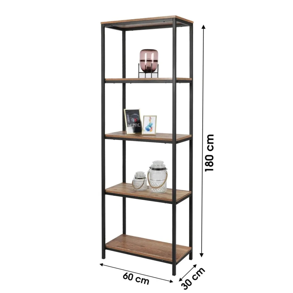 Scaffale aperto a 5 ripiani - 60x30x180 cm, colore quercia scura e nero - Collezione OAKLANDER