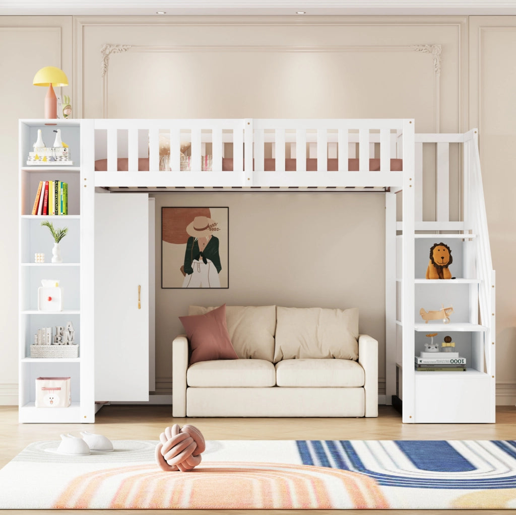 LETTO SOPPALCATO 90x200 cm in legno bianco con armadio e ripiani