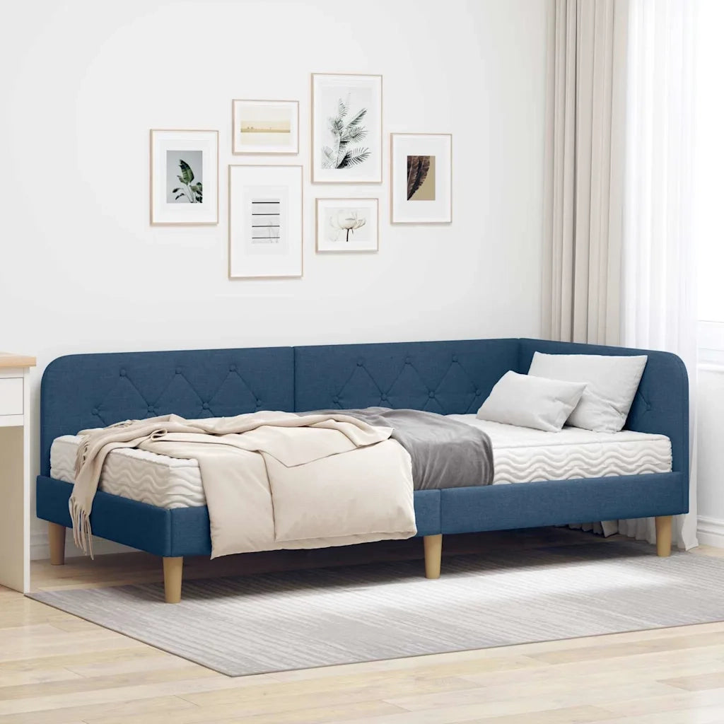 Letto singolo | Letto per adulti | Cornice del letto ad angolo Blu 90 x 190 cm Tessuto