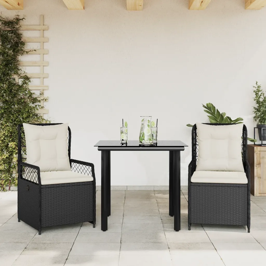 Set da Pranzo da Giardino 3 pz con Cuscini Nero in Polyrattan 3262964