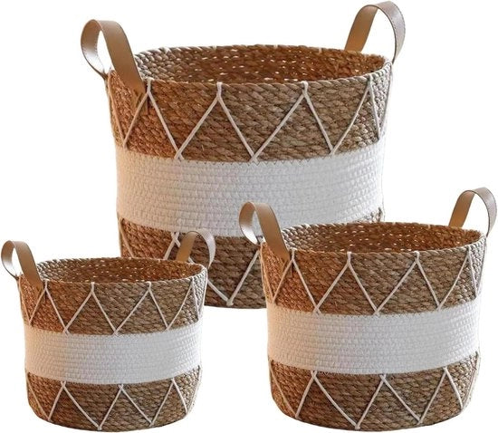 Set di 3 Cestini a Treccia per Piante Decorativi Moderni per Interni con Inserto in Alluminio in Stile Bohemiano con Diametri 18 cm 22 cm e 25 cm