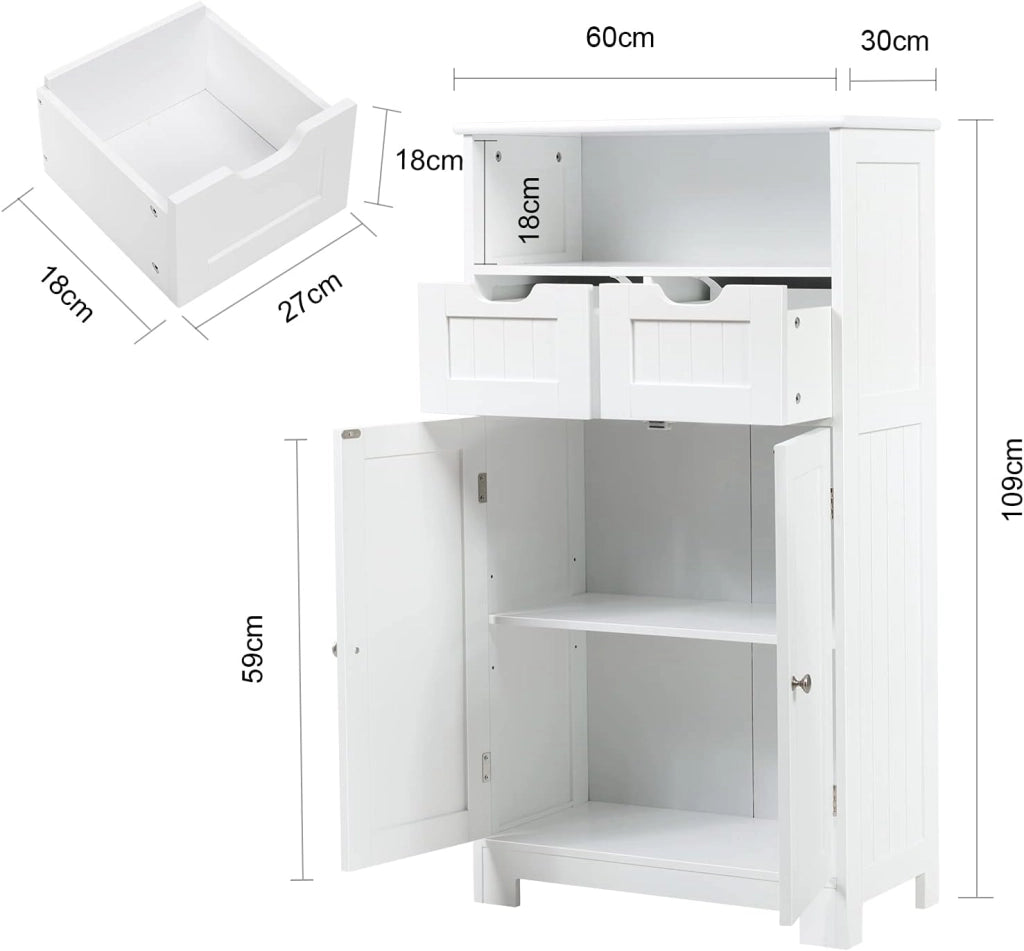 Armadietto Bagno da Terra, Mobiletto Autoportante, con Doppio Ante Legno, Cassetti Rimovibili e Ripiani Regolabili, 30x60x109 cm (Bianco)
