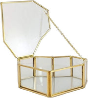 Cassetta per gioielli in vetro con forma a cuore e disegno geometrico, con coperchio a scorrimento e vetrina multifunzionale.