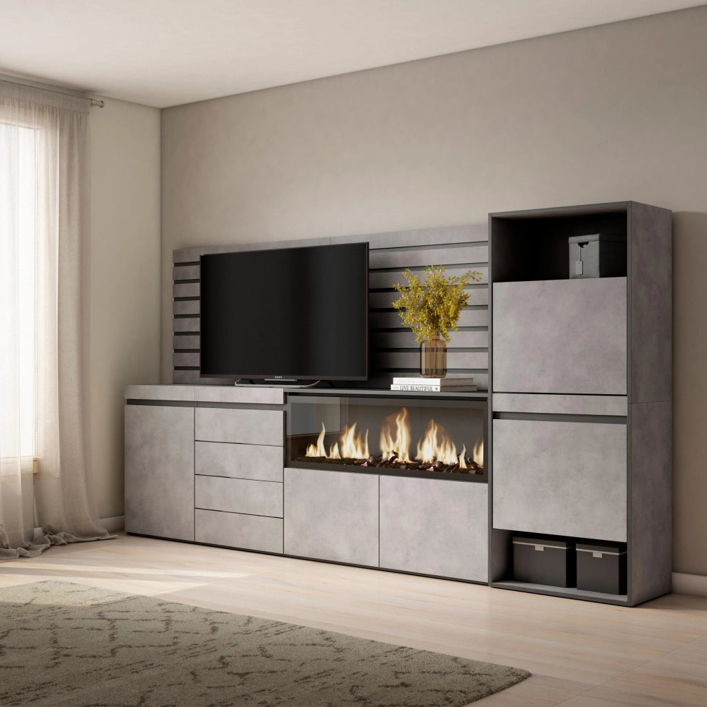 Credenza, 274x35x145cm, Camera da letto, Camino elettrico XXL, Cassettiera, Scarpiera, grigio cemento RF3394