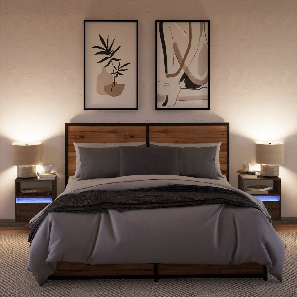 Comodini a Parete con luci LED 2 pz Rovere Marrone
