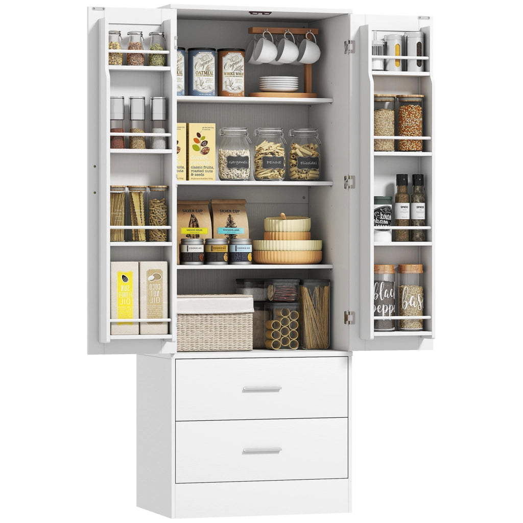 Credenza da Cucina con Armadietto con 8 Ripiani Portaspezie e 2 Cassetti, 60x40x159 cm, Bianco