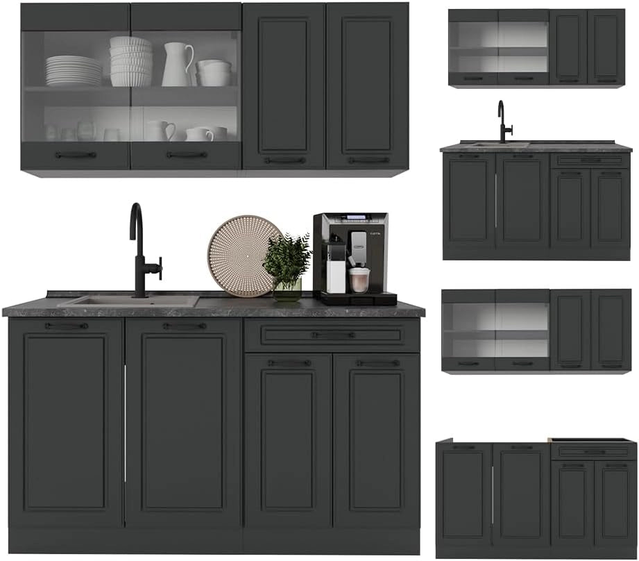 Cucina completa R-Line, Casa di campagna antracite/antracite, 140 cm senza piano di lavoro