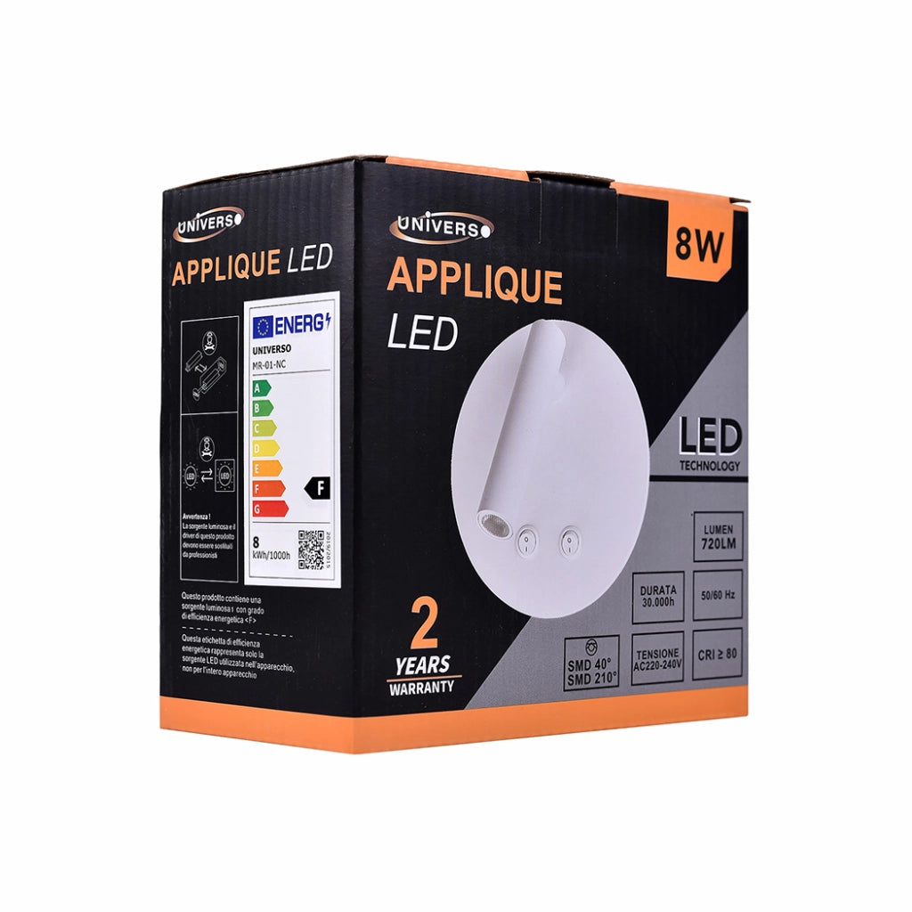 APPLIQUE LED 8W PER INTERNI CON DOPPIA EMISSIONE LUMINOSA A LUCE CALDA - DESIGN MODERNO TONDO IN ALLUMINIO BIANCO IDEALE PER PARETI DI CASA CORRIDOI SOGGIORNI HOTEL E AMBIENTI INTERNI