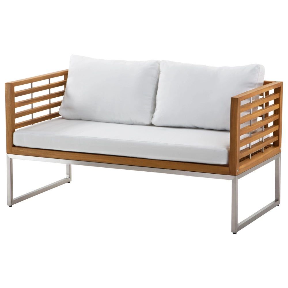 Set Divani Da Giardino In Legno Di Acacia Cuscini Bianchi 4 Posti A Doghe Design Set Conversazione Per Esterni