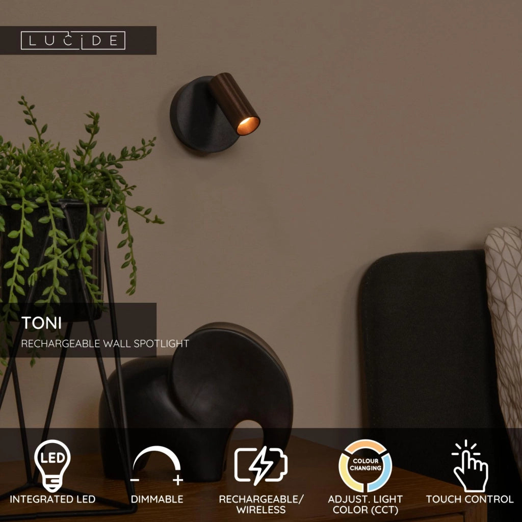 Faretto da parete TONI LED 2W wireless marrone nero Lucide