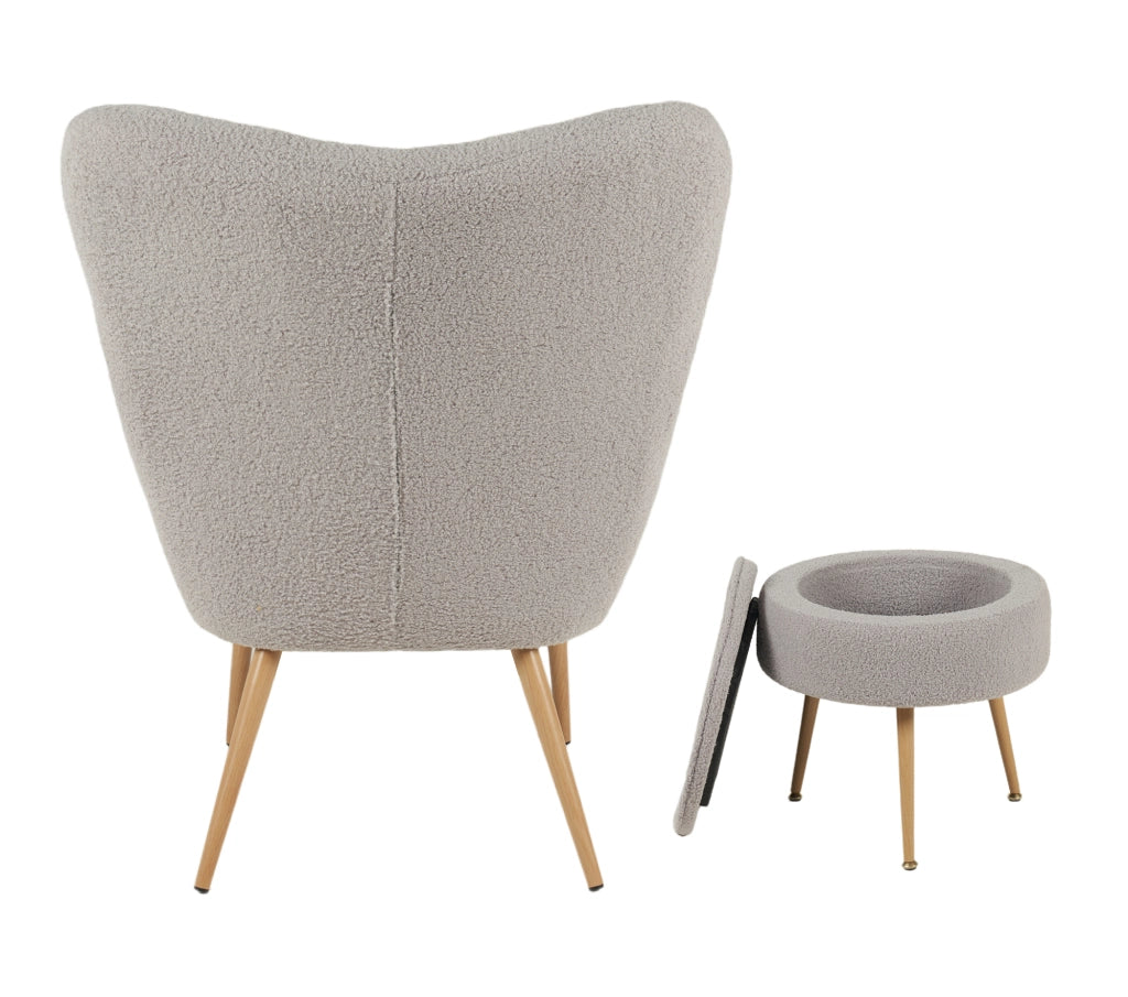 Poltrona Imbottita Ergonomica Con Schienale E Braccioli Con Poggiapiedi Contenitore Camera Da Letto Salotto Moderna Pouf Sedia Effetto Teddy Morbida - Grigio