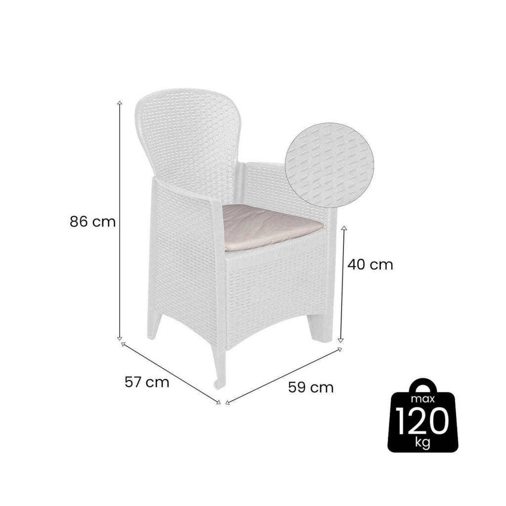 Set di 2 sedie da esterno Amilton, Seduta da giardino, Per indoor o outdoor, Con braccioli, Made in Italy, 59x57 h86 cm, Bianco