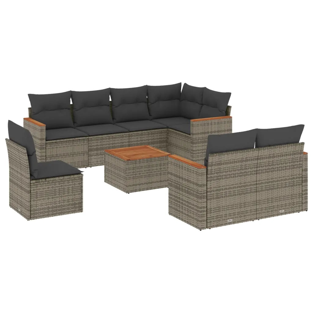 Set Divano da Giardino 9 pz con Cuscini Grigio in Polyrattan