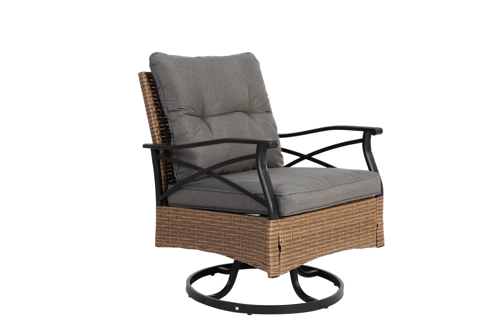 Set lounge da giardino a 3 pezzi con 1 tavolino e 2 poltrone a dondolo girevoli in acciaio e rattan sintetico marrone grigio