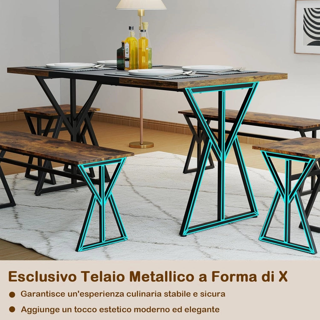 Set da Pranzo 5 Pezzi per 4-6 Persone, Tavoloda Cucina Rettangolare Industriale con 2 Panche e 2 Sgabelli, Set Pranzo Salvaspazio con Struttura in Metallo per Appartamento e Angolo Colazione