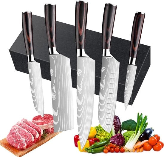 Set di 5 coltelli in acciaio inossidabile con lama giapponese affilata e manici ergonomici, adatto per cuochi professionisti e principianti