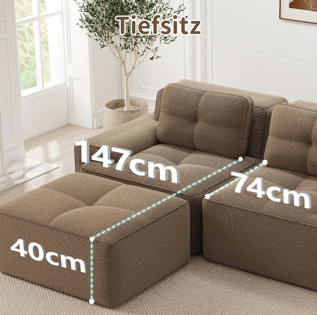 Divano modulare a U 293x177x69 cm in velluto a coste marrone; senza montaggio
