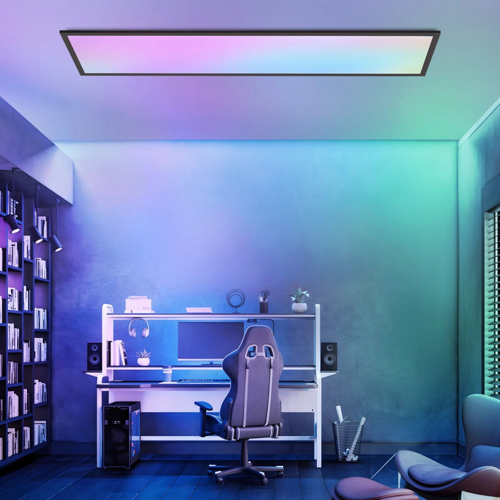 ZMH Plafoniera LED 120x30 cm Dimmabile RGB Cambio Colore da Soffitto Piatto con Telecomando 39W Nero per Ufficio