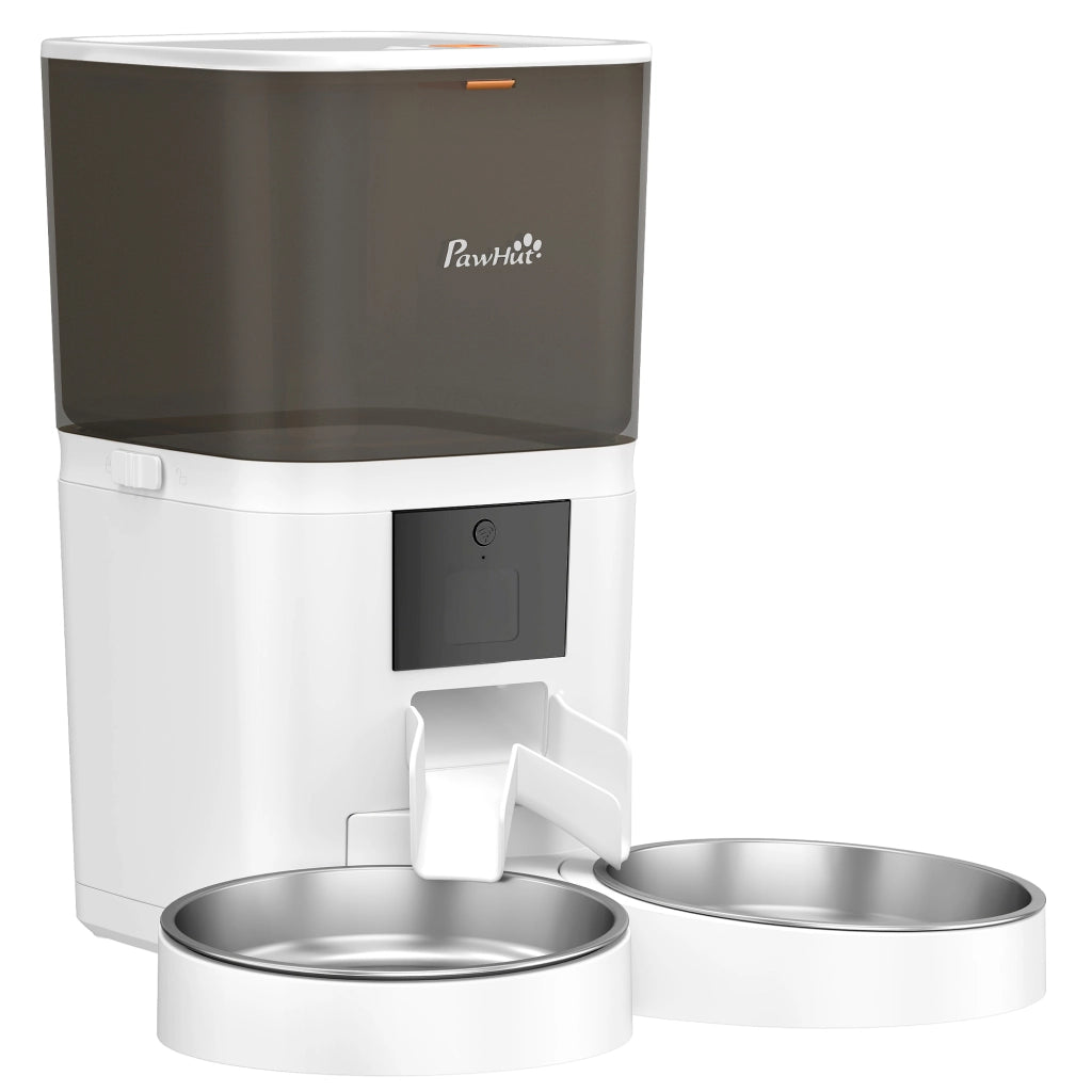 Distributore Automatico Cibo Gatti 6L WiFi 2.4G App con Timer 1-10 Pasti al Giorno 2 Ciotole in Acciaio Inox Bianco
