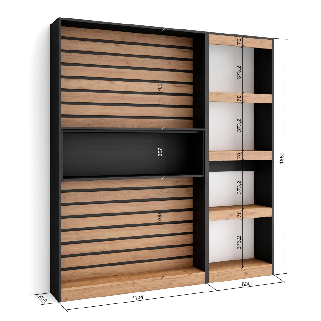 Libreria scaffale, 170x25x186cm, Soggiorno - Ufficio, Per libri, colore Rovere e nero RF2334