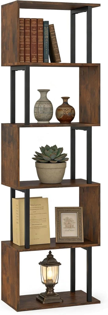 Libreria a forma di S, Scaffale Libri a 5 Livelli con Struttura in Metallo e Kit Anti-Ribaltamento, Mobile Contenitore per Soggiorno, Camera da Letto e Ufficio, 38 x 23 x 147 cm (Nero)