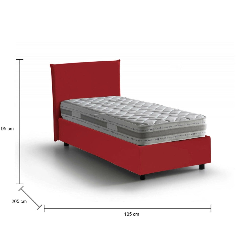 Letto singolo Arminius, Letto contenitore con rivestimento in tessuto, Made in Italy, Apertura frontale, con materasso cm 90x190 incluso, Rosso