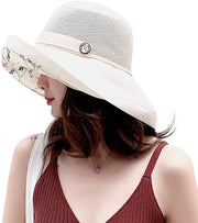 Cappello da sole a rete per donne con protezione UV e bordo largo e cintura del mento - Beige