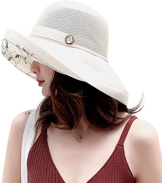 Cappello da sole a rete per donne con protezione UV e bordo largo e cintura del mento - Beige