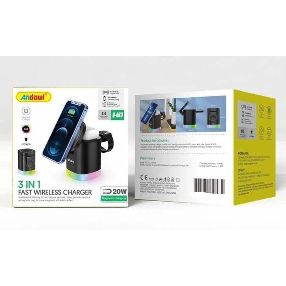 Trade Shop - Caricabatterie Wireless Magnetica Base Ricarica Rapido 3in1 Qi Pad 20w Luci Led Rgb Q-a63 -