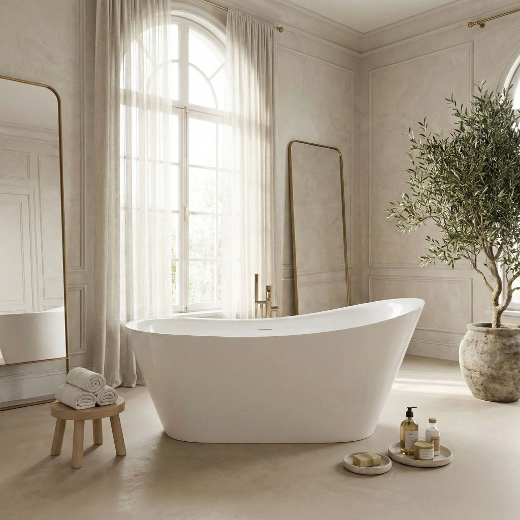 Vasca Da Bagno Freestanding In Acrilico Lusso Slim 170 Copritappo rame spazzolato
