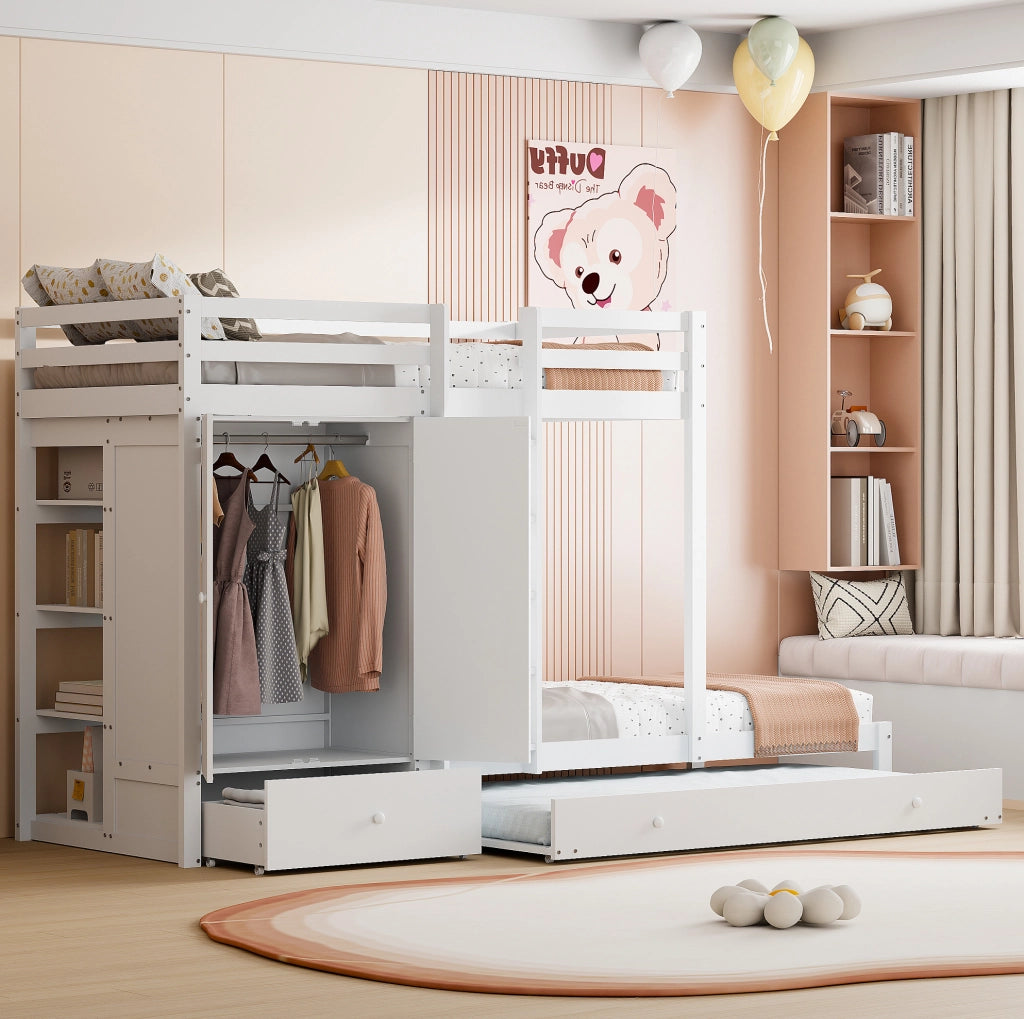 Letto a castello multifunzione in legno 90x200 cm con letto estraibile e armadio