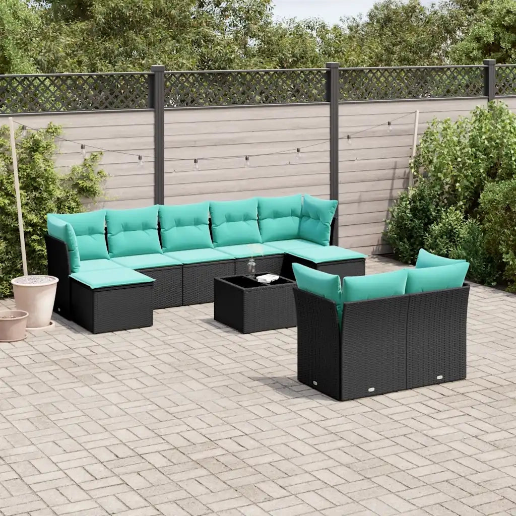 Set Divani da Giardino 10 pz con Cuscini Nero in Polyrattan 3218317