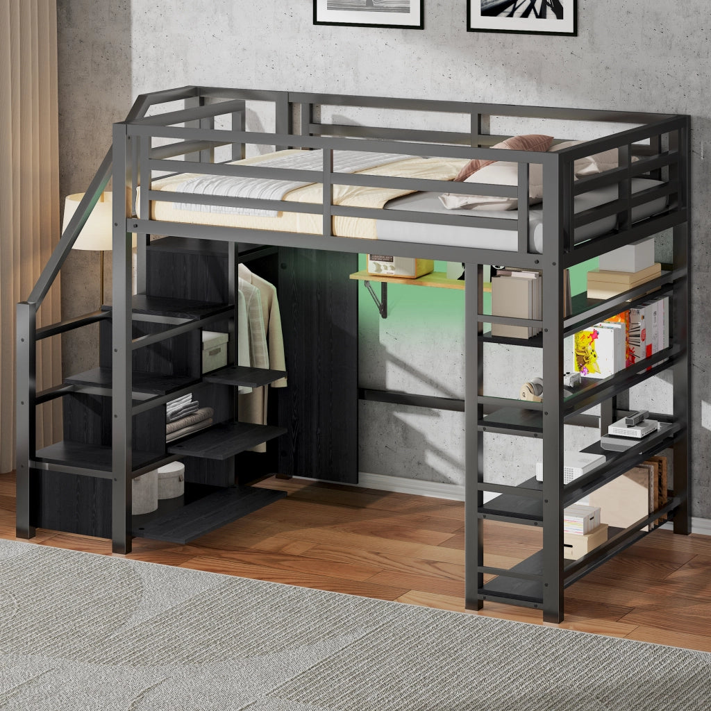 Letto a soppalco 140 × 200 cm con scaffale, armadio, scala contenitore e LED, senza materasso, nero