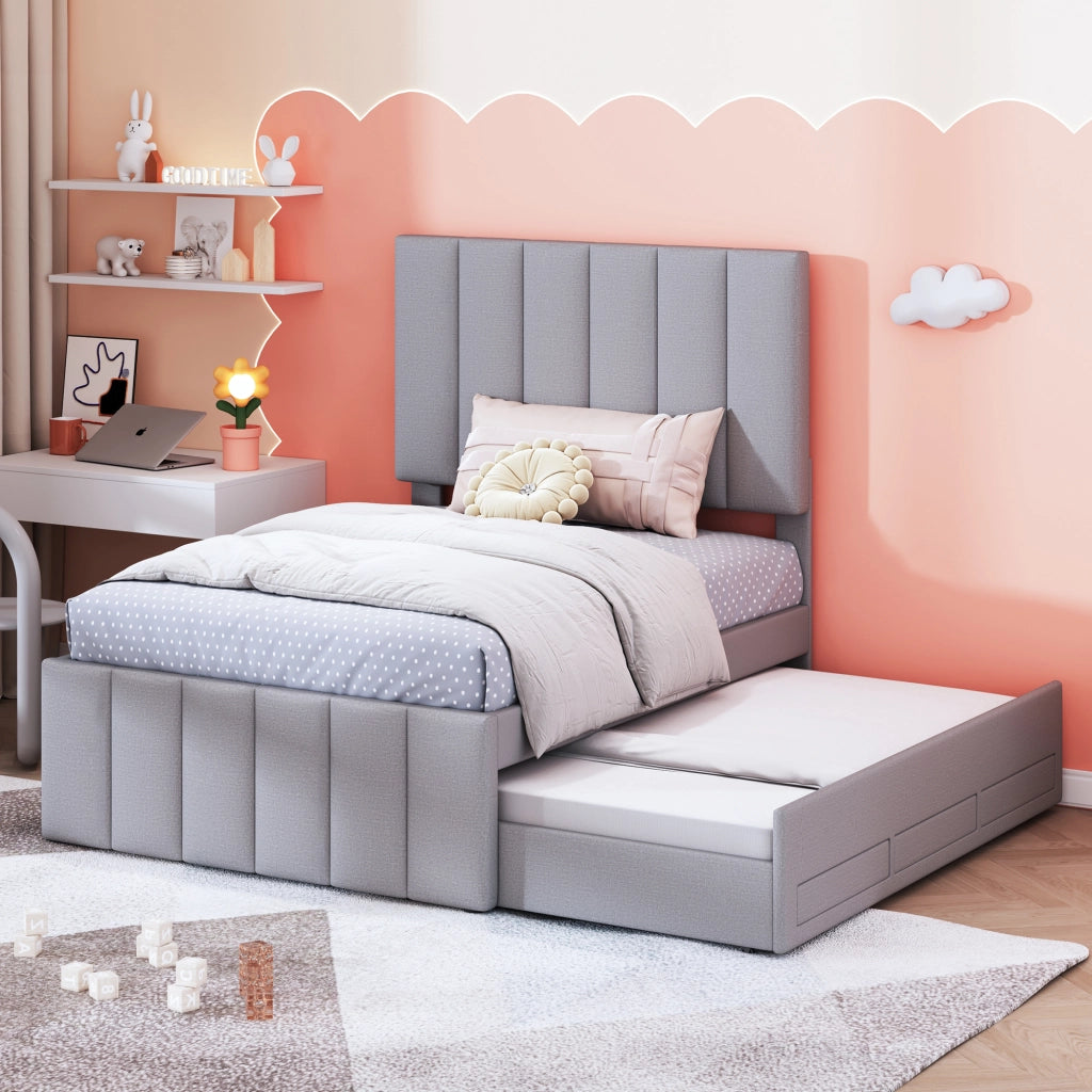 Letto singolo 90×200 cm con letto estraibile; 3 cassetti e rete; senza materasso; imbottito; grigio