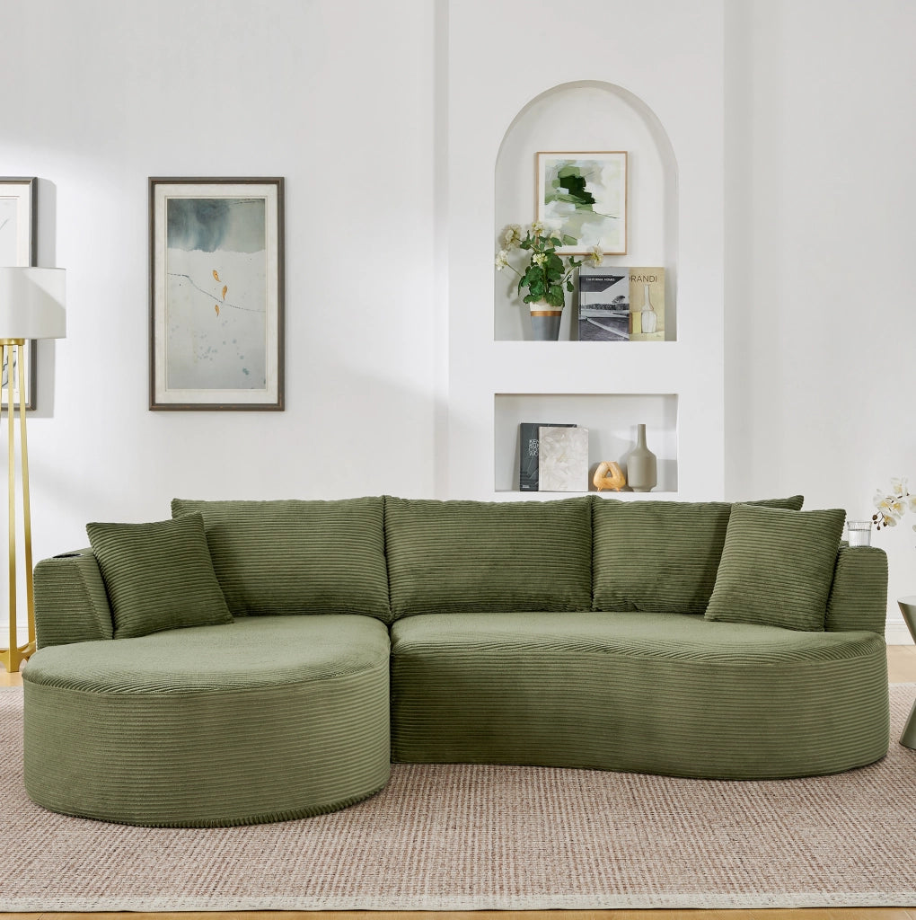 Divano 3 posti con portabicchieri; design arcuato; velluto a coste verde e cuscini