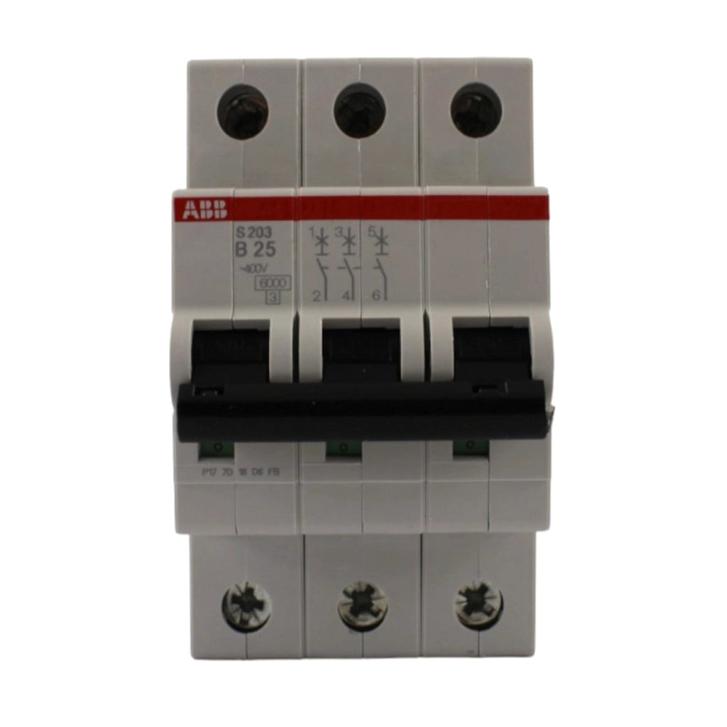 Interruttore magnetotermico 3 poli 3 moduli 6kA curva B 25A ABB
