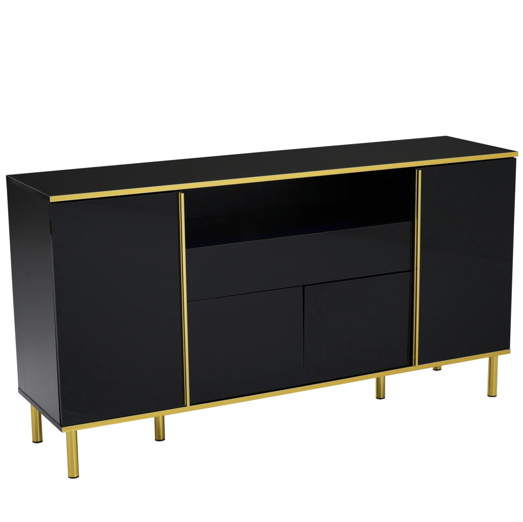 Sideboard nero lucido con 1 cassetto, 4 ante e illuminazione LED, 150x40x80 cm