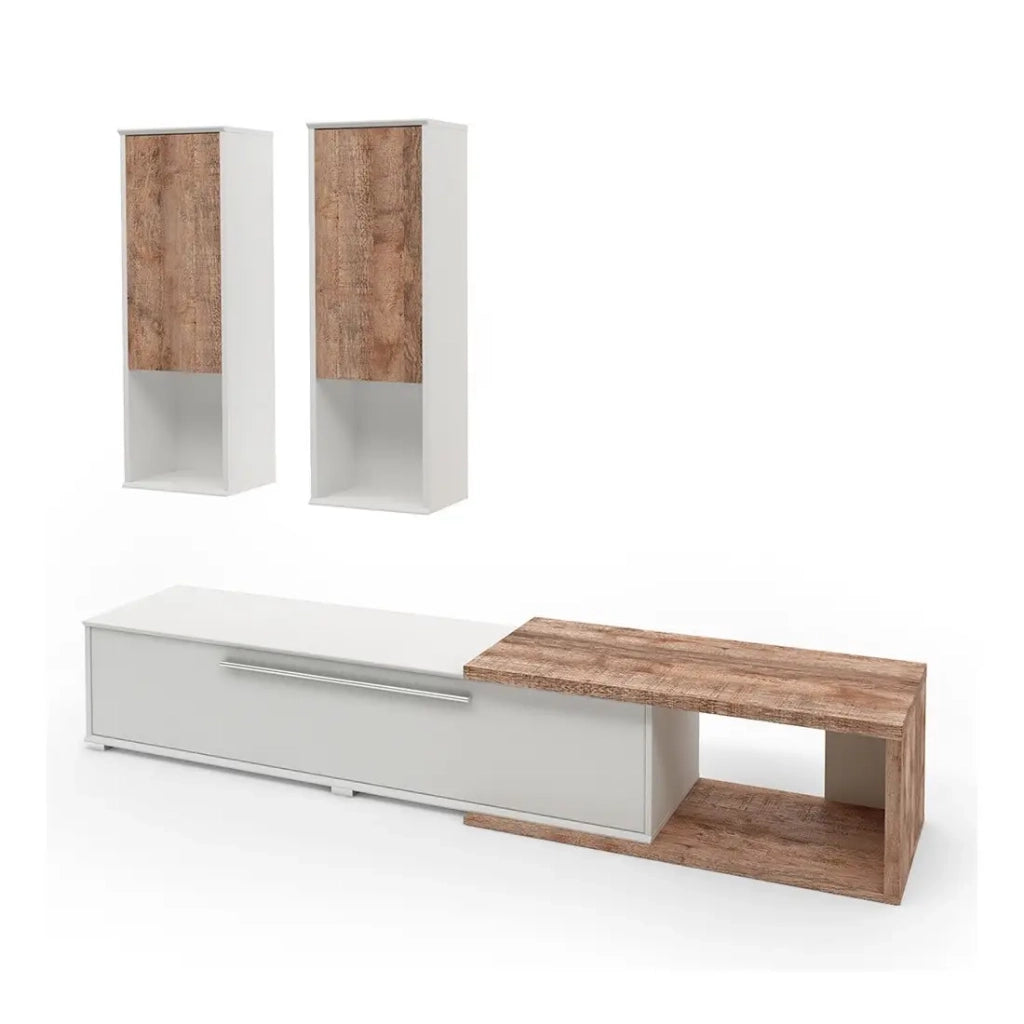 Composizione di 3 mobili HARLEM - 2 mobili sospesi e 1 mobile TV - Bianco e Rovere