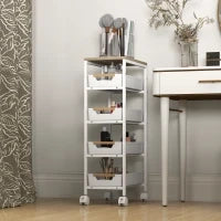 Carrello da Cucina a 5 Livelli con 4 Cesti Estraibili, in Metallo, PP e Legno, 39.5x24x82 cm, Bianco e Rovere