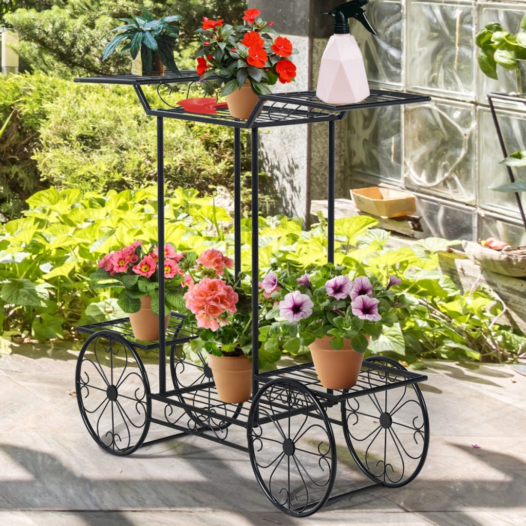 Scaffale di metallo a forma di carrello per piante e fiori, Espositore piante con 6 livelli da interno ed esterno, Nero