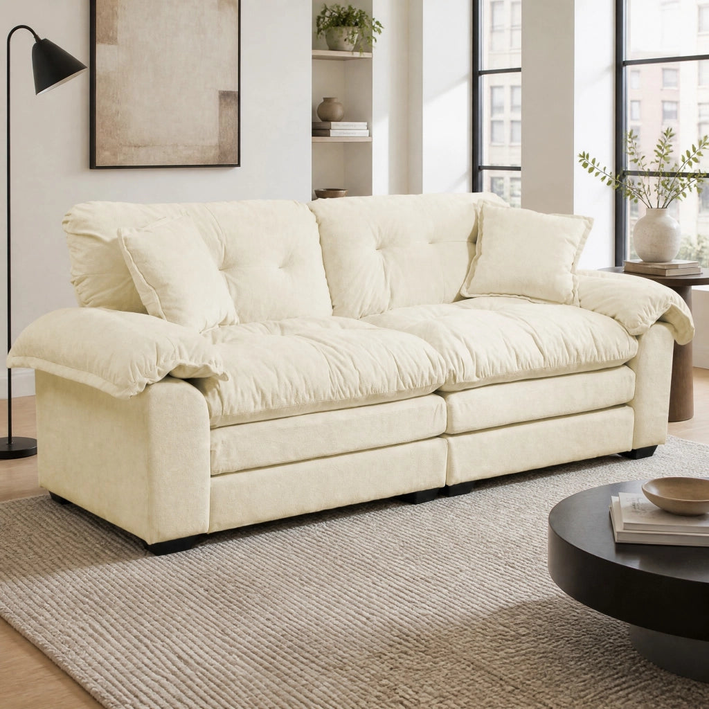 Divano 2 posti 214 cm in ciniglia beige con cuscini sfoderabili HOMVRA