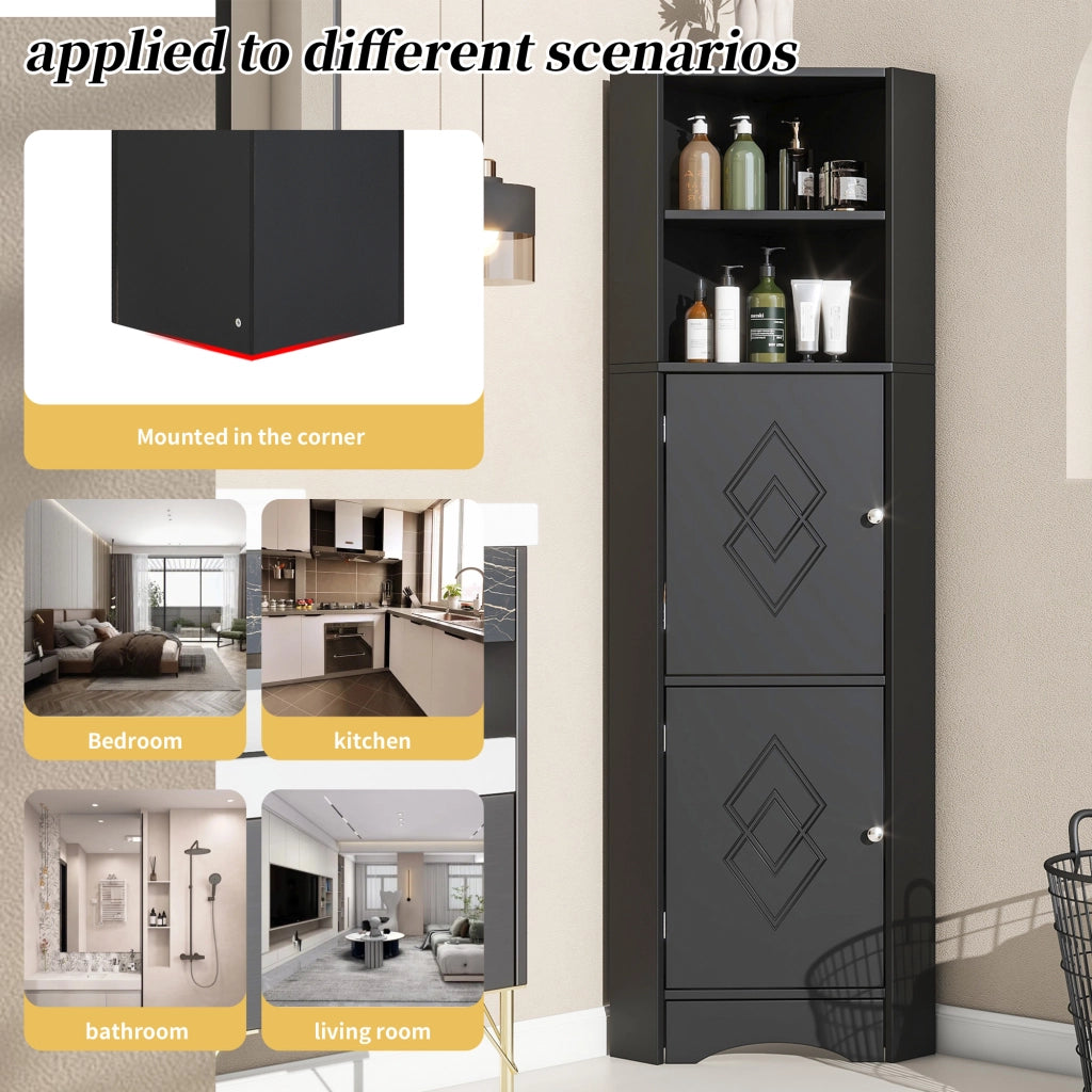 Mobile bagno angolare con vani aperti - per bagno - in truciolare - 36.5×36.5×155 cm - nero