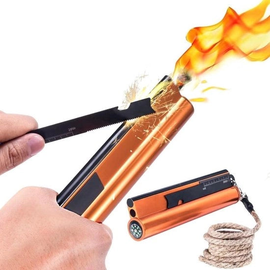 Kit di sopravvivenza XXL con pietra focaia e scheggiatore multifunzione, bussola e scatola impermeabile, 20.000+ accensioni, accendino pietra focaia per outdoor e bushcraft